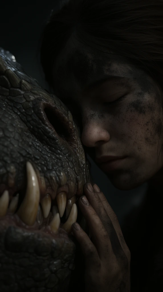 extreme close-up, woman with soot-stained face gently touching a massive scaly creature's snout, eyes closed, giant teeth, dark background, low key lighting
