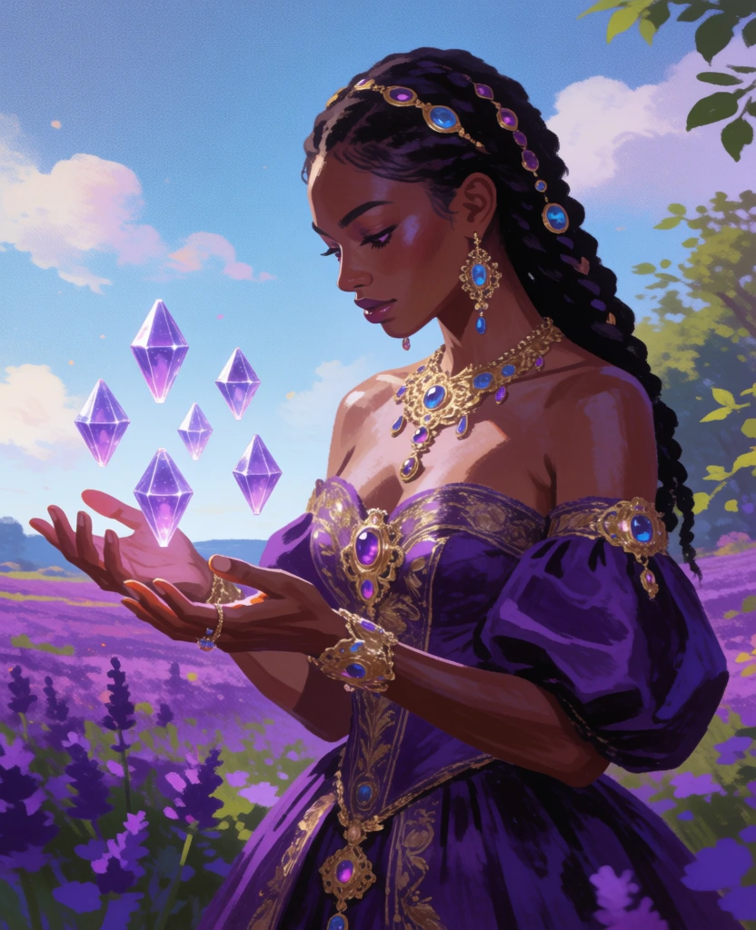 A woman with dark skin and ornate purple attire stands in a lavender field, levitating five glowing purple crystals between her hands. She is depicted from the waist up in a profile view, looking down with a serene expression at the translucent, octahedron-shaped gemstones that float weightlessly above her upturned palms. Her long, dark hair is styled in intricate braids and adorned with gold filigree ornaments set with blue gems. She wears an elaborate strapless purple gown featuring puffed sleeves, gold embroidery, and inset violet stones. Matching gold jewelry, including a large statement necklace, dangling earrings, and wide bracelets, are all encrusted with blue and purple jewels. The surrounding environment consists of a lush field of purple flowers that extends to a distant horizon under a bright blue sky filled with soft white clouds. To the right, green foliage and trees frame the scene. The image is a fantasy digital painting with a visible painterly texture and grain, using a rich color palette of deep violets, bright golds, and sky blues. Lighting from the upper left creates highlights on her skin and the metallic surfaces of her jewelry, while the crystals emit a soft internal purple glow.