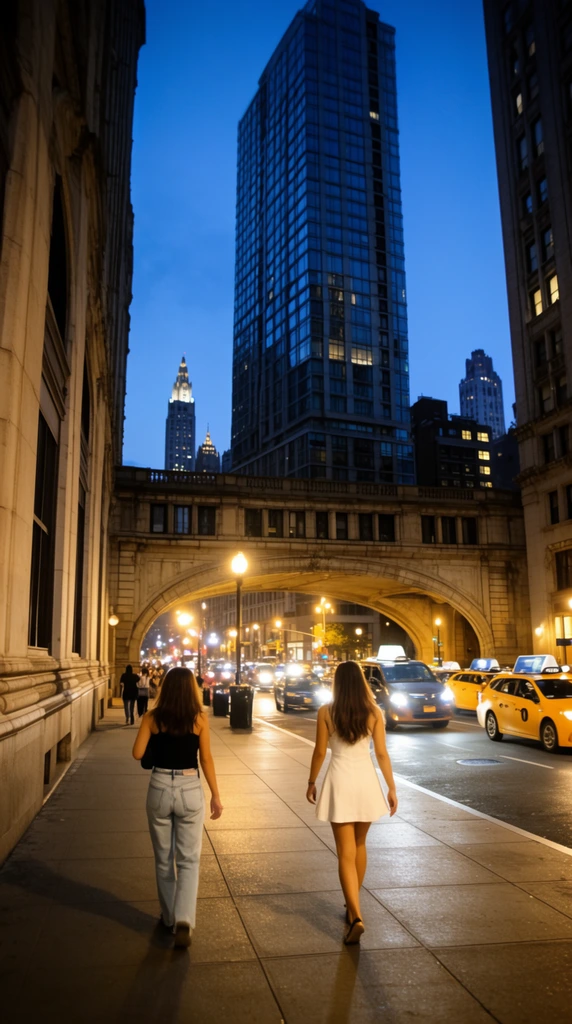 Two women walk away down a twilight city sidewalk framed by towering architecture. The left woman wears light jeans and a black top; the right wears a short white dress. A busy avenue with glowing headlights and yellow cabs runs alongside them. Ahead, a classical stone overpass spans the road beneath a massive modern glass high-rise. Warm tungsten streetlamps illuminate the wide paved walkway, contrasting with the deep blue dusk sky and distant illuminated spires in this low-angle, deep-focus street photography composition.