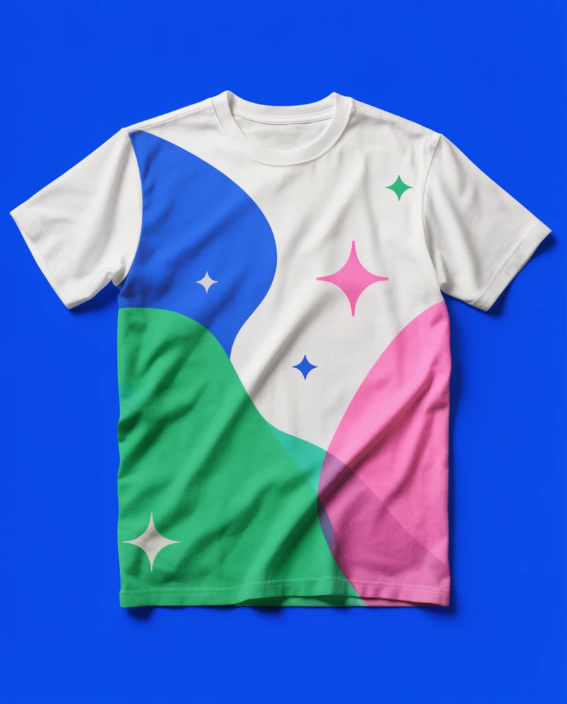 flat lay product photography, white short-sleeve crew neck t-shirt featuring colorful flowing shapes and small star motifs in vibrant blue green and pink, solid bright cobalt blue background, top-down perspective, soft studio lighting, realistic fabric folds, minimalist commercial mockup style