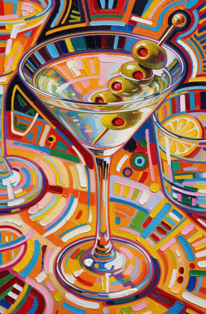 an abstract painting of martini cocktail, very colorful, with a glass containing liquid and cocktail pick with several olives on top, vibrant colors, high resolution, hyper-realistic oil paint, detailed textures of fabric and skin, highly intricate geometric patterns in the background, beautiful lighting, reflections, ray tracing, bright and vivid colors, extreme detail, hdr.