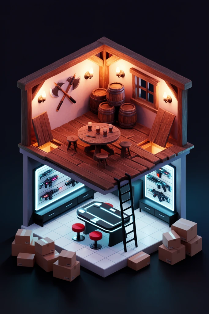 isometric 3D render of a two-story cutaway diorama in a dark void, upper floor is a rustic tavern bathed in warm orange light, wooden floorboards, stacked barrels, round table, crossed battle axes, wall sconces, open trapdoor leading down, bottom floor is a modern secret armory lit by cold cyan neon lights, white tiled floor, sleek table with red stools, glowing wall rack displaying futuristic firearms, black ladder connecting the two floors, exterior stacked cardboard boxes on the ground, striking warm and cool lighting contrast, miniature scale, clean low-poly aesthetic