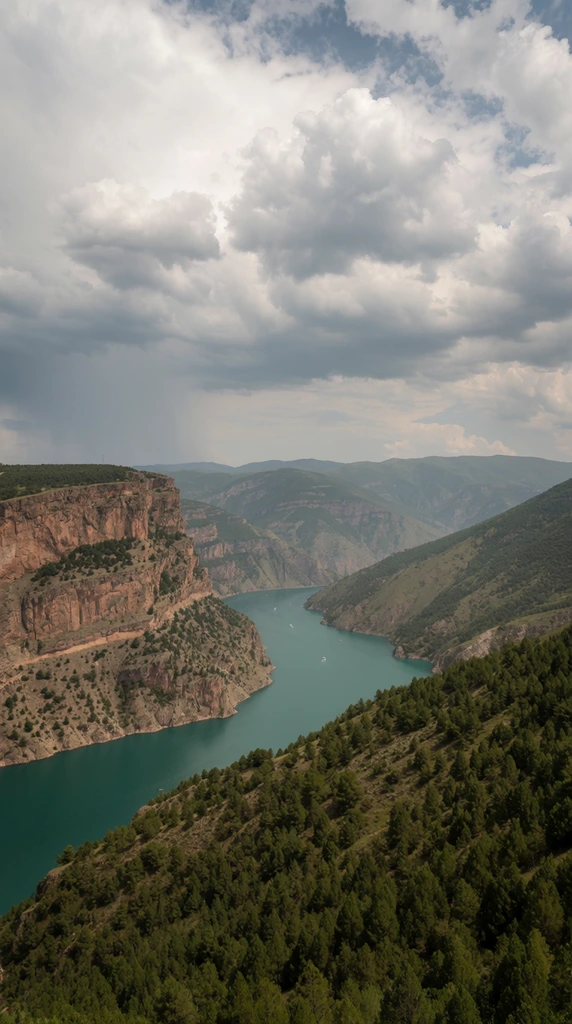 A high-angle landscape view captures a deep turquoise river winding through a rugged canyon beneath a dramatic, cloud-filled sky. To the left, a towering sheer cliff of striated reddish-brown rock drops steeply into the water, dotted with sparse shrubs. On the right and across the foreground, a sloping hillside is densely carpeted with dark green coniferous trees. The smooth, curving river below is punctuated by tiny white boats. In the distance, the gorge opens to rolling mountain ridges veiled in soft atmospheric haze. The expansive sky is heavily textured with billowing grey and white clouds, casting diffused natural light over the vast valley while faint streaks of distant rain fall on the far left horizon.