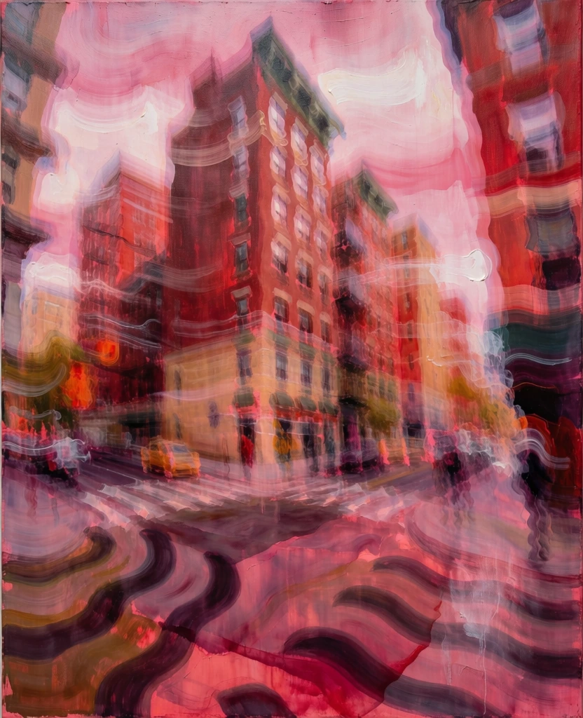 abstract urban street scene with towering buildings and wavy stripes on the pavement, rendered in a heavily blurred painterly style with horizontal squeegee smears, dominated by a palette of vibrant crimson, magenta, and soft pinks, featuring thick impasto dabs of dark violet and ochre, distorted perspectives creating a sense of fleeting motion, soft edges bleeding into atmospheric haze, rich oil paint textures, visceral, emotive, glitchy, ethereal, high-contrast, diffused lighting