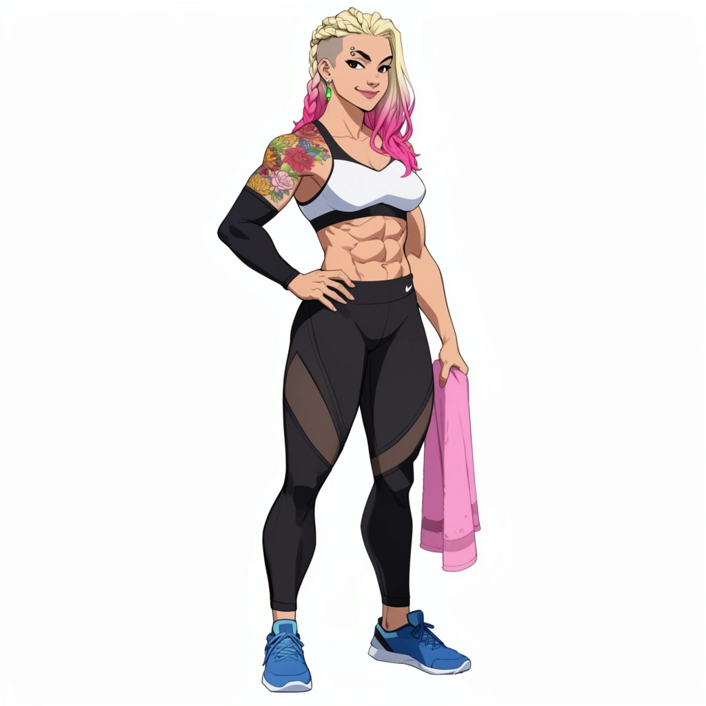 A full-body digital illustration of a muscular woman standing against a stark white background, rendered in a crisp 2D comic style with clean line art and hard-edged cel shading. She features an undercut with blonde braids fading into bright pink ends and a confident smile. Her athletic physique displays heavily defined abs. She wears a white and black sports bra, black leggings with sheer mesh panels, and blue sneakers. Vibrant floral tattoos cover her right shoulder, contrasting with a black compression sleeve on her forearm. Her right hand rests on her hip, while her relaxed left hand holds a pink towel. A silver eyebrow ring and green drop earring complete her vibrant appearance.