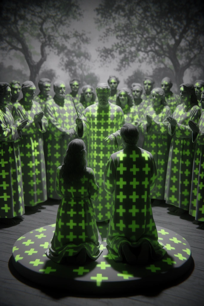 A large group of people in long robes standing in a circle on a wooden floor in front of a painted backdrop of trees, heavily stylized with a glowing, conformal matrix of neon green plus signs mapped across every three-dimensional surface against a monochromatic grayscale base. In the center foreground, a woman and a man kneel side-by-side on a low circular platform, facing away from the viewer towards a man standing in the middle of the circle holding a wand. The underlying figures, robes, floor, platform, and wand exhibit a uniform, matte, dark gray finish, acting as a stark canvas for the luminous digital cross symbols wrapping tightly around their physical folds and structural contours. Intense, dramatic directional lighting from above casts heavy, deep black shadows across the lower sections of the robes and the surrounding floor, creating a strong chiaroscuro effect. The vibrant neon green elements emit a soft volumetric bloom illuminating the immediate matte surfaces. The background painted trees and the outer edges of the group soften into a shallow depth of field, while a fine, uniform noise grain and a subtle peripheral vignette complete the surreal, 3D-rendered scientific visualization aesthetic.