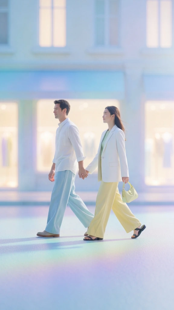 a man and a woman holding hands walking from left to right across a street, minimalist soft-focus aesthetic, ethereal pale blue and periwinkle color palette, dreamy atmospheric haze with creamy off-white and soft gold highlights, blurred building facade with glowing storefront windows in the background, high-key cinematic lighting, iridescent gradients, serene and hazy composition, smooth transitions between soft textures and light, professional brand-inspired photography with a luminous glow.