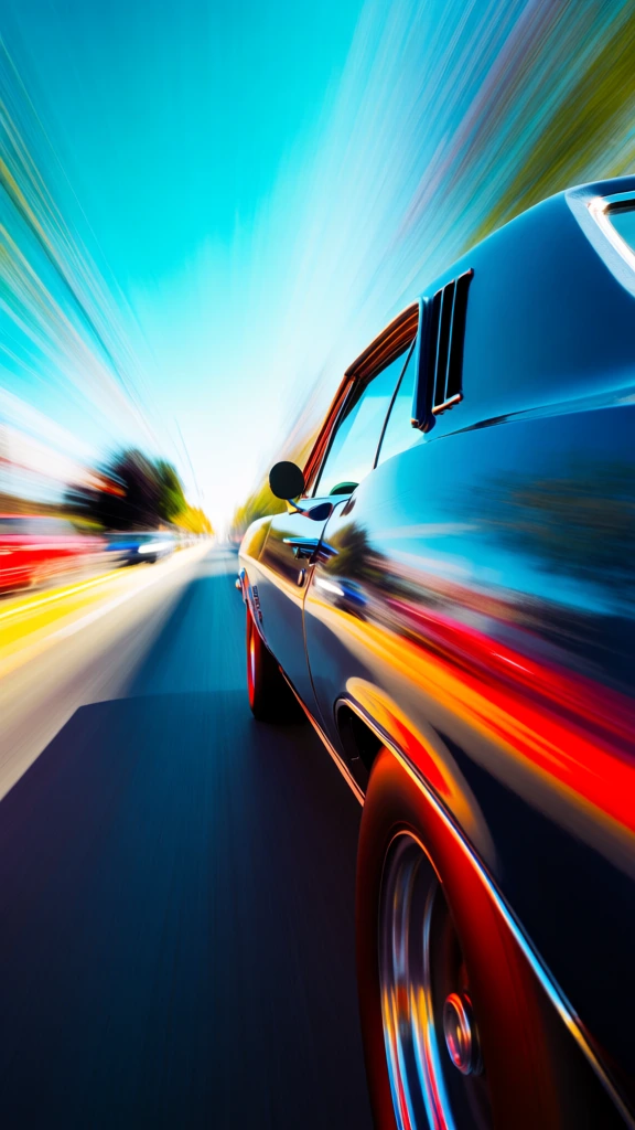 A dramatic, high-speed close-up of a classic muscle car racing down a street, seen from the rear side so the vehicle feels huge and powerful while the world around it explodes into streaks of color and light. Stylized automotive photography, motion-blur action shot, dynamic panning perspective, hyperreal commercial aesthetic, retro Americana meets modern digital polish, cinematic, exhilarating, aggressive, glossy, high contrast, medium-high visual complexity, reminiscent of car ad imagery and artists/photographers adjacent to Jeremy Cliff, Easton Chang, and stylized automotive poster art, saturated cyan, teal, electric blue, deep black, chrome silver, hot red, orange, yellow highlights, bright daylight, strong specular reflections, punchy contrast, likely wide-angle lens, low side-mounted camera position, long shutter or digitally enhanced radial motion blur, no visible noise, no watermark, no text, crisp car body with intentionally smeared background.
The car occupies the entire right half of the image and extends diagonally from the lower right corner toward the center-left distance. Only the passenger-side rear half is visible: a glossy blue-black body panel dominates the foreground at right, reflecting streaks of sky and light. Near the bottom center-right sits the rear wheel, large and partially cropped, with a chrome rim and a warm red-orange glow reflected around the tire edge. A vivid red and orange stripe of reflected light runs horizontally along the car’s side from the lower right toward the middle, emphasizing speed. Above that, the side window and rear quarter window appear in the upper right quadrant, edged with chrome trim; just forward of the rear window are three narrow vertical vents. The small side mirror protrudes near the center-left edge of the car. The road forms a dark bluish corridor beginning at the bottom center and tapering toward a bright vanishing point slightly left of center. The left side of the image contains blurred suggestions of roadside scenery and possibly other vehicles, rendered as elongated smears of yellow, red, white, green, and black. The top half is filled with a brilliant turquoise sky, streaked inward toward the center, creating a tunnel-like burst effect. Overall, every line pulls toward the distant center, making the scene feel fast, loud, and intensely forward-moving.