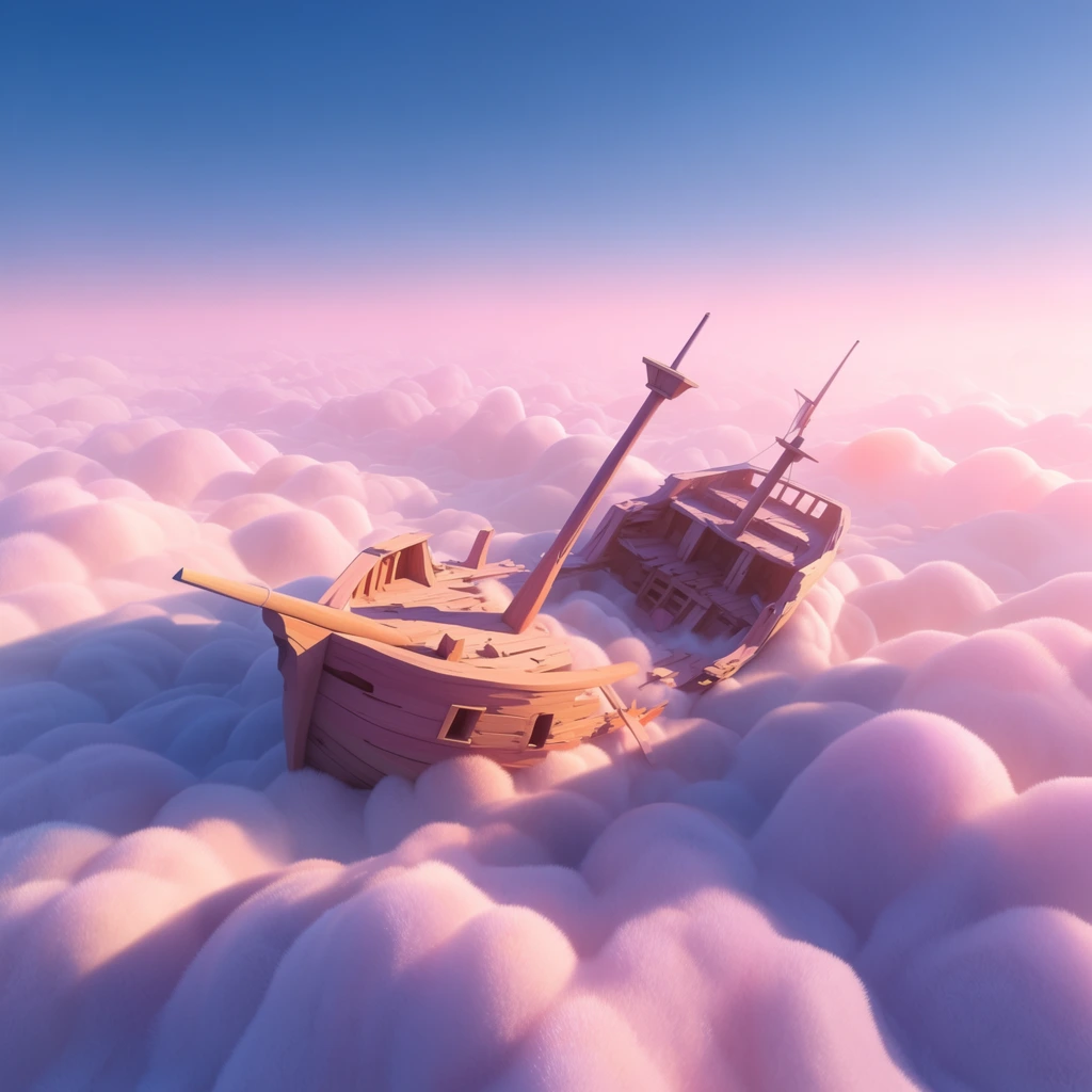 A stylized, fractured wooden shipwreck rests within an expansive ocean of fluffy, voluminous waves rendered in a surreal, dreamlike 3D digital illustration style. The vessel's smooth, splintered hull and angled masts sit nestled among undulating, cotton-like swells that possess a pristine, velvety texture. An elevated, sweeping perspective captures the nautical ruins surrounded by the hyper-stylized, rounded geometric forms of the seascape. Radiant, low-angle volumetric lighting washes across the composition, casting long, distinct, cool purple shadows while illuminating the scene in a luminous pastel color palette of warm peach, soft lilac, and bright cotton-candy pink. A dense, glowing atmospheric haze seamlessly blends the distant, billowy sea into a pristine gradient sky that transitions from luminous pink at the hazy horizon to a smooth, deep azure at the upper edge.