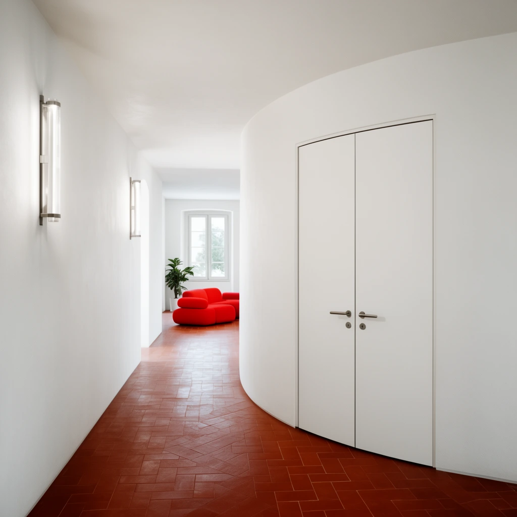 minimalist curved white hallway, rich terracotta floor tiles, flush-set double doors on sweeping right wall, vertical wall sconces on the left, leading to a bright airy room, vivid red modern sofa, window, potted plant, clean architectural lines, interior photography
