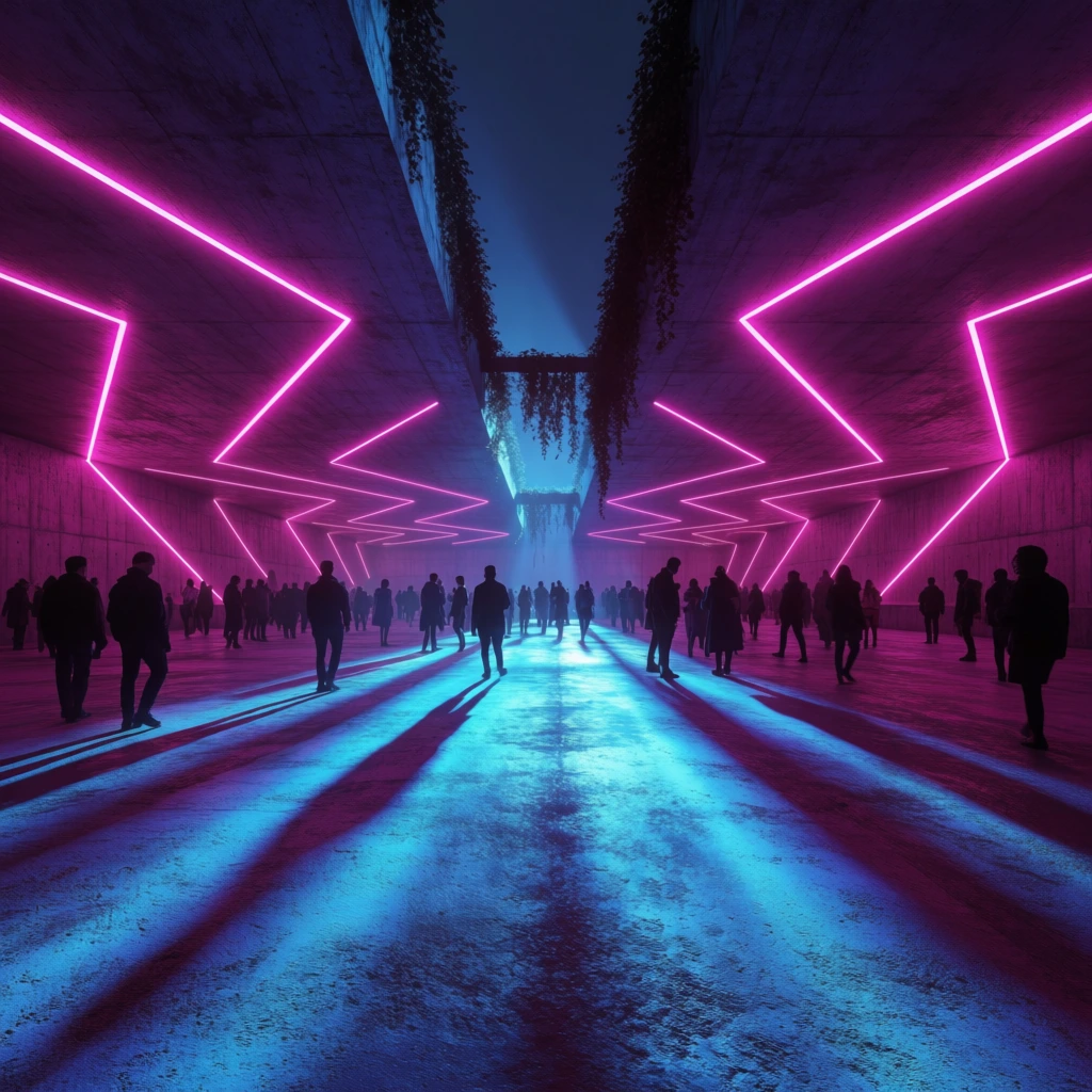 An expansive concrete hall illuminated by geometric neon magenta light strips forming repeating chevron patterns across a low ceiling. A crowd of silhouetted figures wanders through the brutalist space. A central linear ceiling gap is draped with cascading dark vines. The textured ground is bathed in intense streaks of cyan and blue light, casting long dramatic shadows behind the people. The wide-angle perspective emphasizes the vast architectural scale and high-contrast dual-tone neon lighting aesthetic.