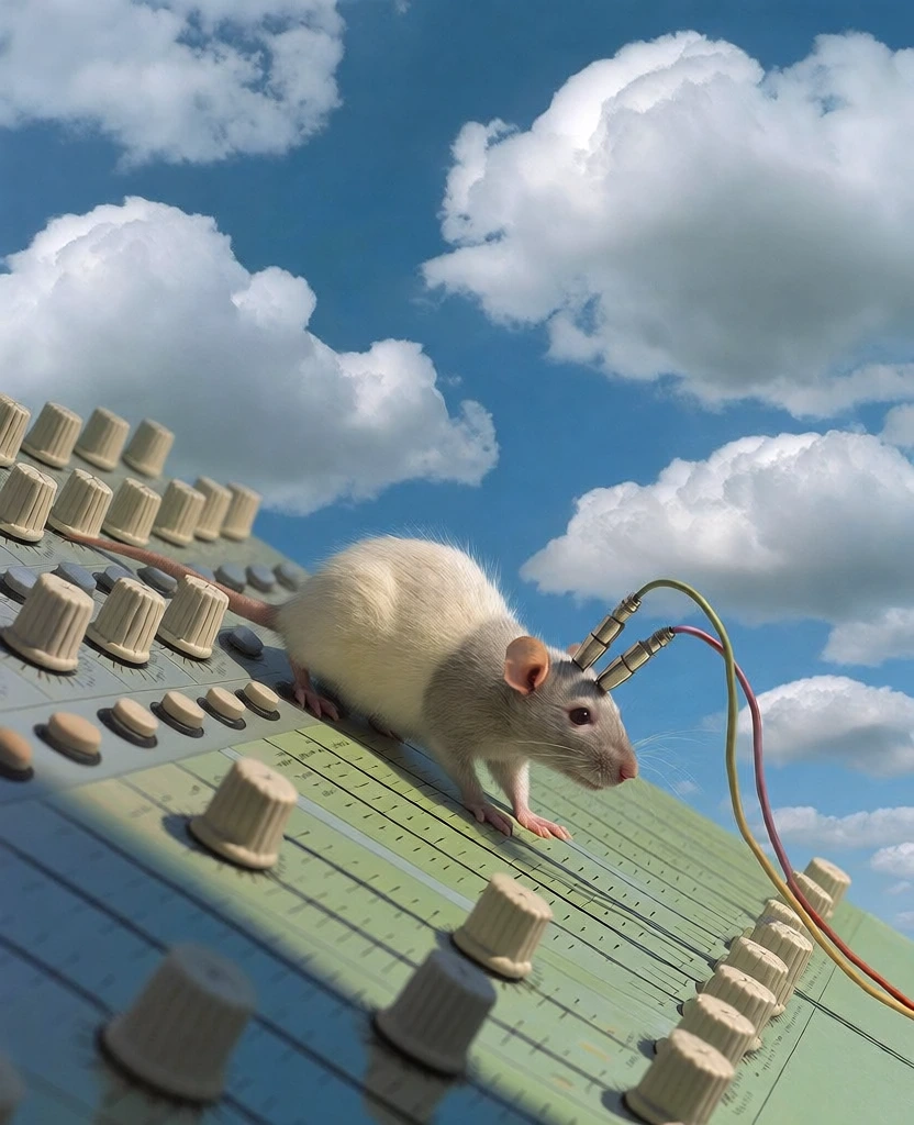 surrealist composition featuring a small white rat on an audio mixing console tilted at a steep 45-degree angle, colorful wires trailing from metal probes in its head, vibrant blue sky with fluffy white clouds filling the upper diagonal, bright natural daylight, high-key lighting, soft shadows, minimalist aesthetic, hyper-realistic textures of fur and analog hardware, dreamlike atmosphere, clean lines, crisp focus, whimsical yet clinical tone, cinematic depth.