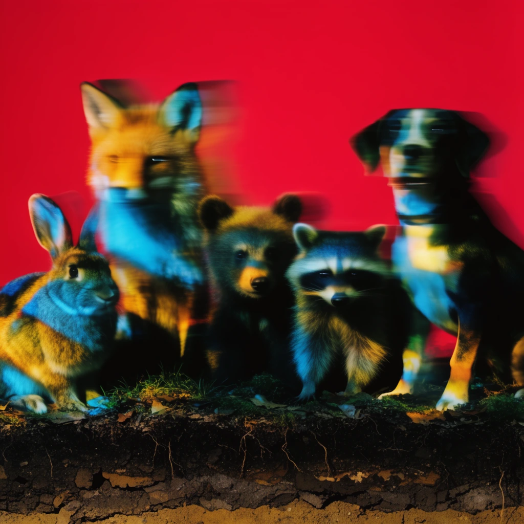 A cross-section of a forest floor containing a rabbit, fox, bear cub, raccoon, and dog, rendered through high-contrast, dragged-shutter photography with extreme motion blur. The animals, along with the subterranean soil layers and roots of the cross-section, smear into overlapping, ghosted silhouettes due to the long exposure technique. Piercing, split-color gel lighting projects fractured, misaligned highlights of electric cyan and warm golden-amber across the varied fur of the animals and the earthy textures. The entire dynamic arrangement is set against a flat, perfectly smooth, highly saturated cherry-red background. Deep, crushed black shadows obscure the finer structural details of the animals and the dirt, emphasizing the stark chromatic aberration, the striking tri-color palette of red, cyan, and yellow, and the disorienting visual distortion.