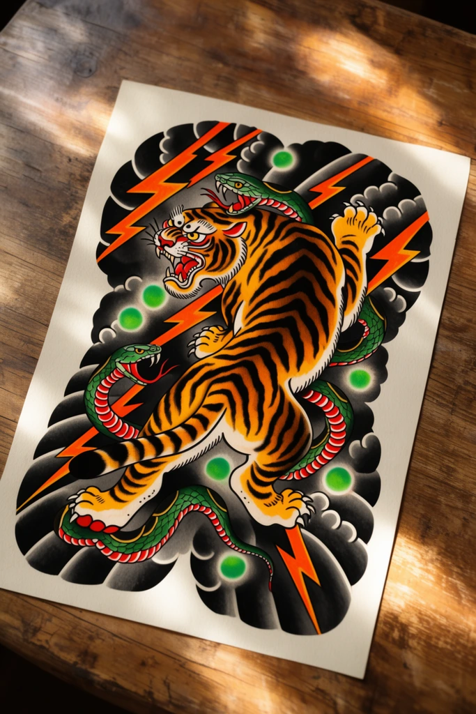 traditional Japanese tattoo art of a roaring tiger fighting a green snake, sharp orange lightning bolts, dark stylized clouds, glowing green orbs, bold outlines, vivid colors, resting on a sunlit wooden table