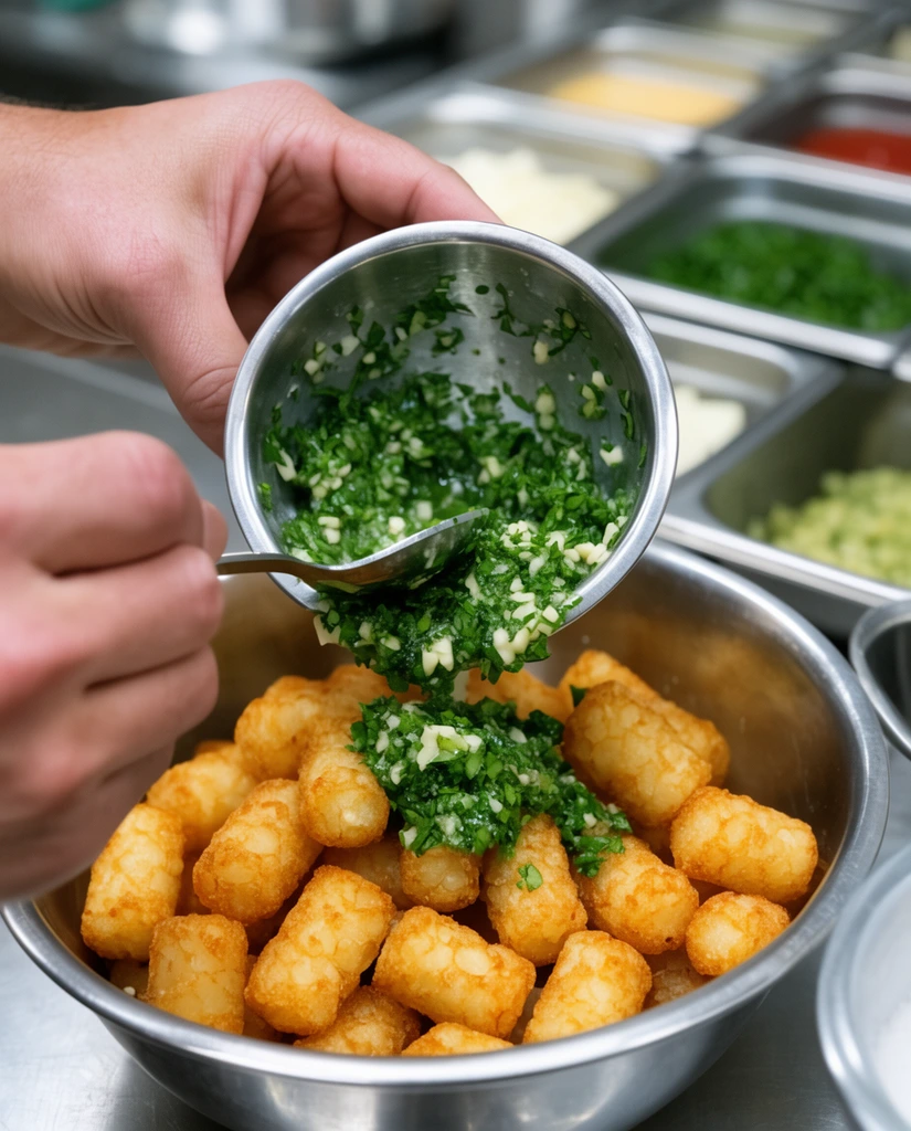 Close-up of hands pouring a vivid green mixture of chopped herbs and minced garlic from a small stainless steel bowl over golden-brown crispy potato tots in a larger metal bowl. A silver spoon guides the garnish against a softly blurred background of a brightly lit kitchen prep station with metal pans holding assorted ingredients.