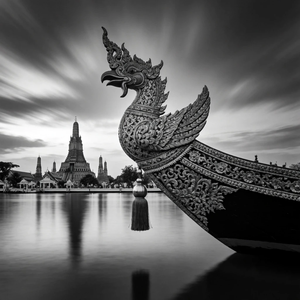 ornate mythical bird barge prow with intricate carvings, dangling tassel, distant tiered temple silhouette, smooth mirrored river, black and white monochrome, dramatic long exposure streaked clouds