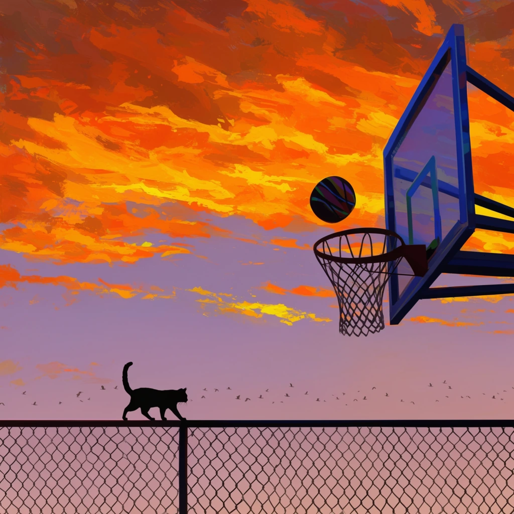A vibrant digital painting captures a fiery sunset over an outdoor basketball court where a silhouetted cat walks along a chain-link fence. The sky features highly textured, impasto-style brushstrokes of intense orange and yellow clouds layered over a soft purple gradient. On the right, a blue-framed basketball hoop stands against the bright sky as a dark, striped basketball hovers in mid-air near the net. Below, the crisp black silhouette of a cat with a raised tail balances on the top rail of the fence. A flock of tiny birds flies horizontally across the middle distance. The low-angle composition emphasizes the striking contrast between the dark foreground silhouettes and the brilliant, expressive sky.