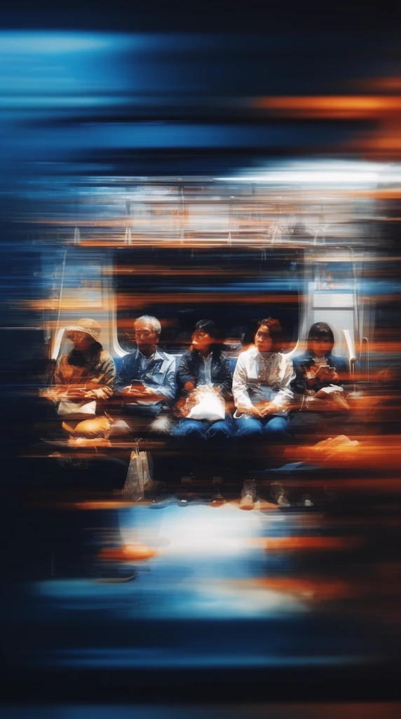Five assorted passengers seated together on a train anchor the center of the frame amidst extreme horizontal motion blur. The composition is dominated by a high-contrast palette of deep cyan, midnight blue, fiery orange, and stark white. Thick, aggressive lateral streaks of light and color tear across the entire image, abstracting the train interior and surrounding environment into parallel ribbons of smeared pigment. The central group of five distinct figures retains a slight structural definition to serve as the focal point, while the edges of their forms fracture and elongate horizontally into the intense optical distortion. Bright amber and piercing white highlights illuminate the varied silhouettes of the passengers against deep, saturated blue shadows, creating a dramatic, heavy panning-shot streak effect.