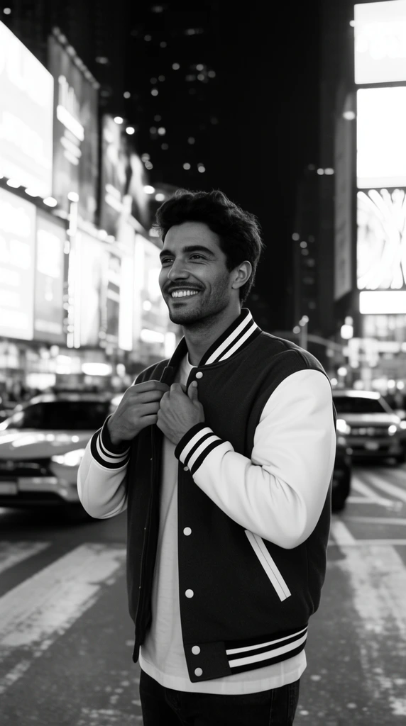 Black and white night portrait of a smiling man adjusting his two-tone varsity jacket. He stands on a busy street with shallow depth of field blurring bright glowing billboards and cars behind him.
