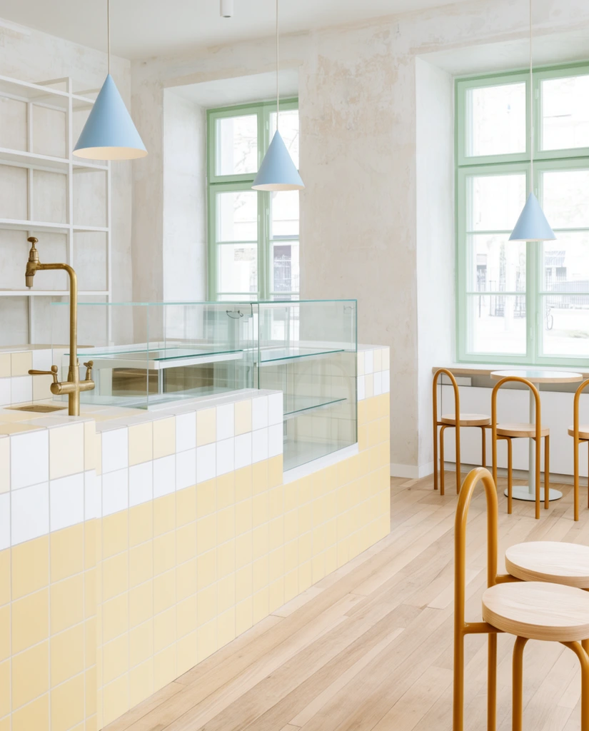 bright minimalist cafe interior, stepped counter clad in pastel yellow and white square tiles, glass display cases, brass tap, tubular ochre metal chairs with round light wood seats, light wood plank flooring, textured off-white plaster walls, light blue cone pendant lamps, open white metal shelving, large windows with pale green frames, natural daylight, soft pastel color palette, architectural photography