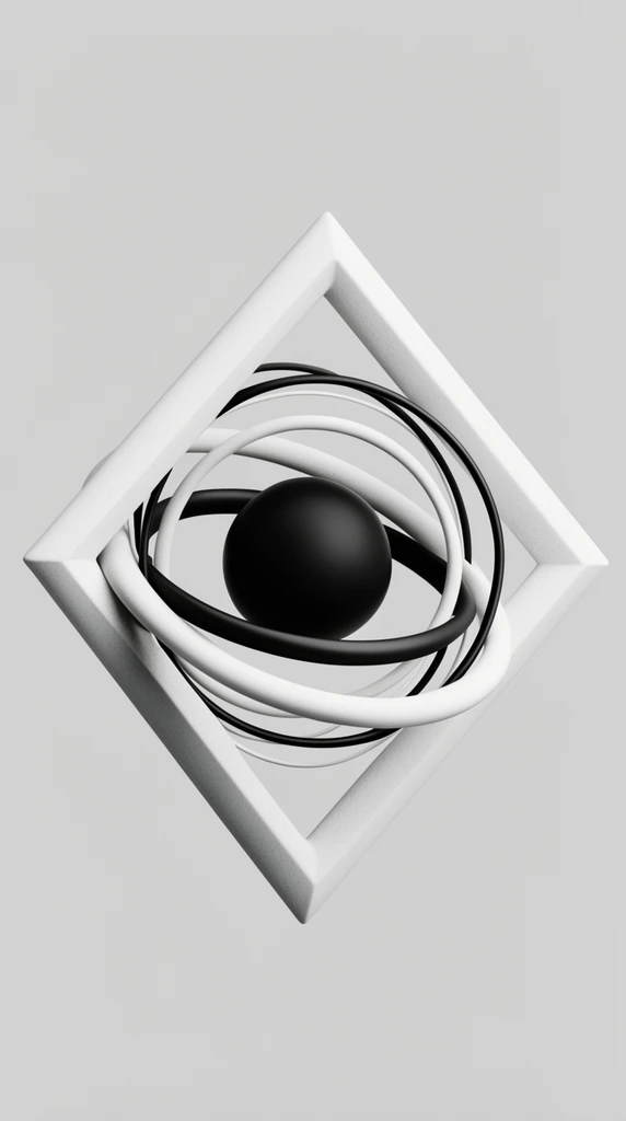 abstract 3D geometric sculpture of a gyroscopic eye, central solid black sphere, angular white diamond frames, intersecting thick white and thin black concentric rings, minimalist monochromatic palette, matte surface with subtle grain, solid light gray background, soft diffused studio lighting