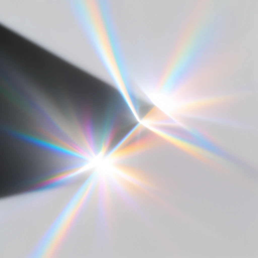 Vibrant prismatic rainbow light refractions intersect with sharp diagonal cast shadows on a smooth, matte white surface. Brilliant spectral bands of cyan, magenta, and yellow radiate from intensely glowing white focal points. A deep grey shadow stretches diagonally from the upper left, contrasting sharply with the luminous optical flares. Minimalist abstract photography capturing ethereal light leaks, delicate color gradients, and crisp geometric intersections.