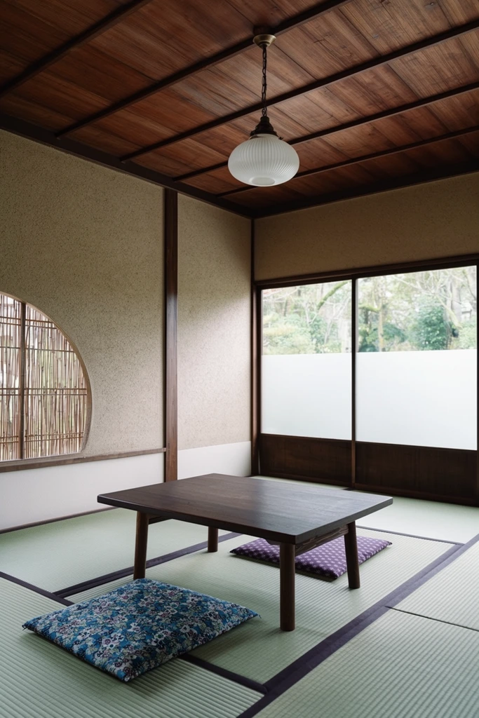traditional Japanese interior, low rectangular dark wood table on pale green tatami mats with dark borders, two patterned floor cushions, one blue floral and one purple geometric, textured beige walls intersected by dark wood pillars, sloped wood plank ceiling, hanging white ribbed glass pendant light, curved window with bamboo lattice on the left, sliding frosted glass windows on the right revealing outdoor greenery, soft natural daylight, minimalist serene aesthetic, wide-angle architectural photography