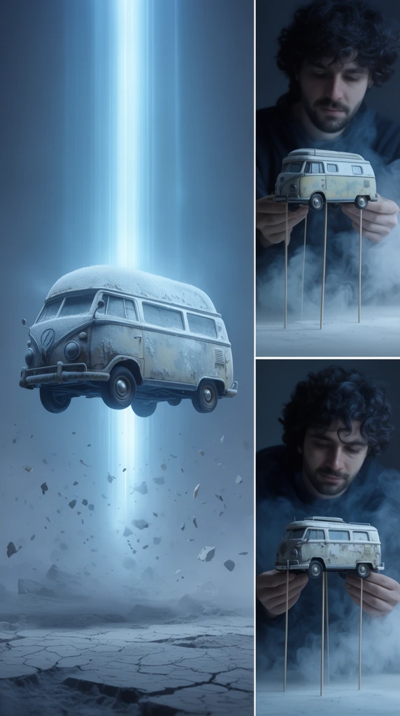 Three-panel composite image. The large left panel features a weathered, frosted vintage camper van levitating in a bright vertical blue beam over a misty, cracked landscape with floating debris. The two right panels reveal a man with dark curly hair adjusting the miniature van model, supported by thin sticks amid artificial smoke. Atmospheric cool blue lighting unifies the entire visual sequence.