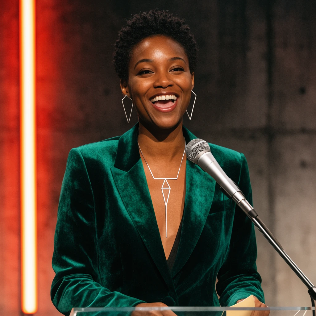 Woman with short dark curly hair speaking joyfully at a podium, emerald green velvet pantsuit, minimalist silver geometric jewelry, bright smile, silver microphone, dark concrete backdrop, neon vertical strip lighting, warm stage illumination, waist-up portrait, event photography