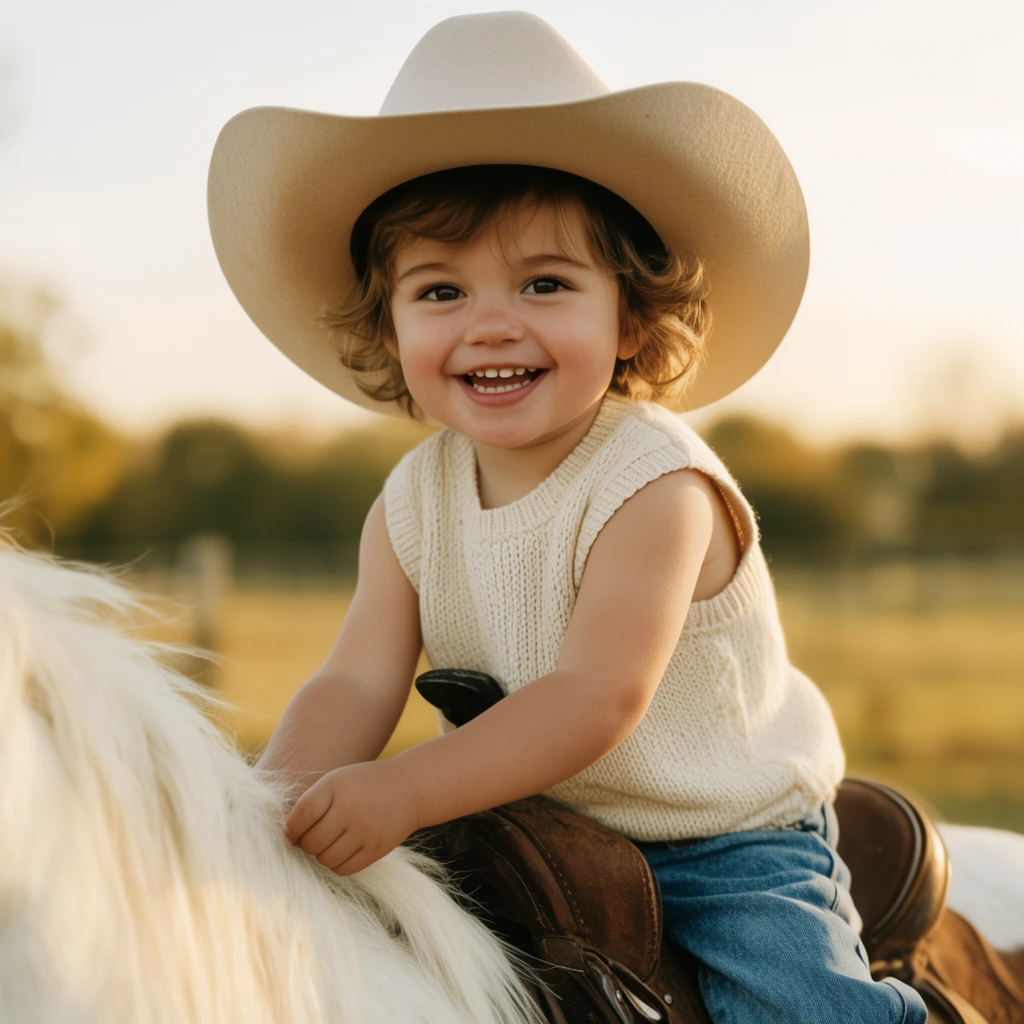 smiling young child riding a white horse, oversized beige cowboy hat, cream sleeveless knit top, blue jeans, holding white mane, warm golden hour lighting, shallow depth of field, blurred rural background