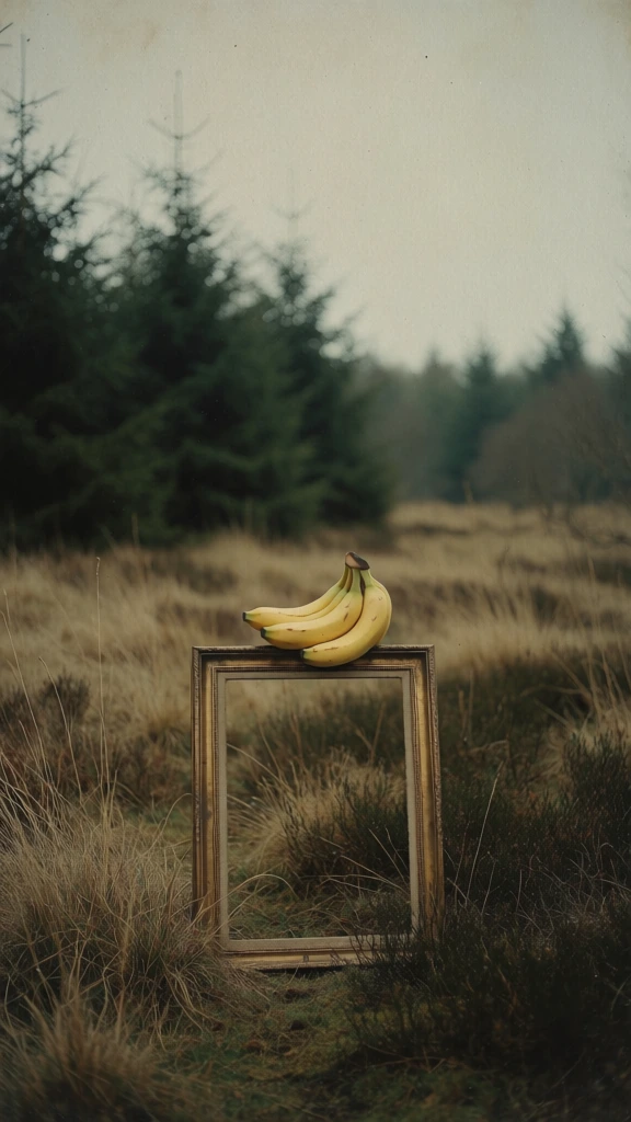 a bunch of bananas resting atop a weathered gold picture frame standing vertically in a wild autumnal moorland, diffused flat overcast lighting, muted desaturated palette of earthy ochres and deep olives, soft-focus background of a dense coniferous forest under a leaden grey sky, tall dry straw-colored grass in the foreground, grainy film texture, matte finish, centered composition, low angle perspective, surrealist and melancholic atmosphere, contemporary fine art photography