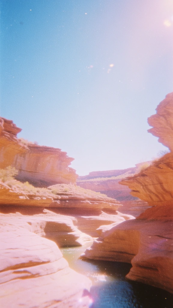 canyon landscape featuring tiered horizontal ledges and a central waterway, soft-focus hazy dreamlike aesthetic, heavy vintage film grain and nostalgic texture, luminous high-key lighting with blooming highlights, pastel color palette of warm terracotta oranges and soft rose pinks against a vibrant cerulean blue sky, low-angle perspective looking up through the gorge, diffused light creating a glowing aura, vintage analog photography style, serene and optimistic mood