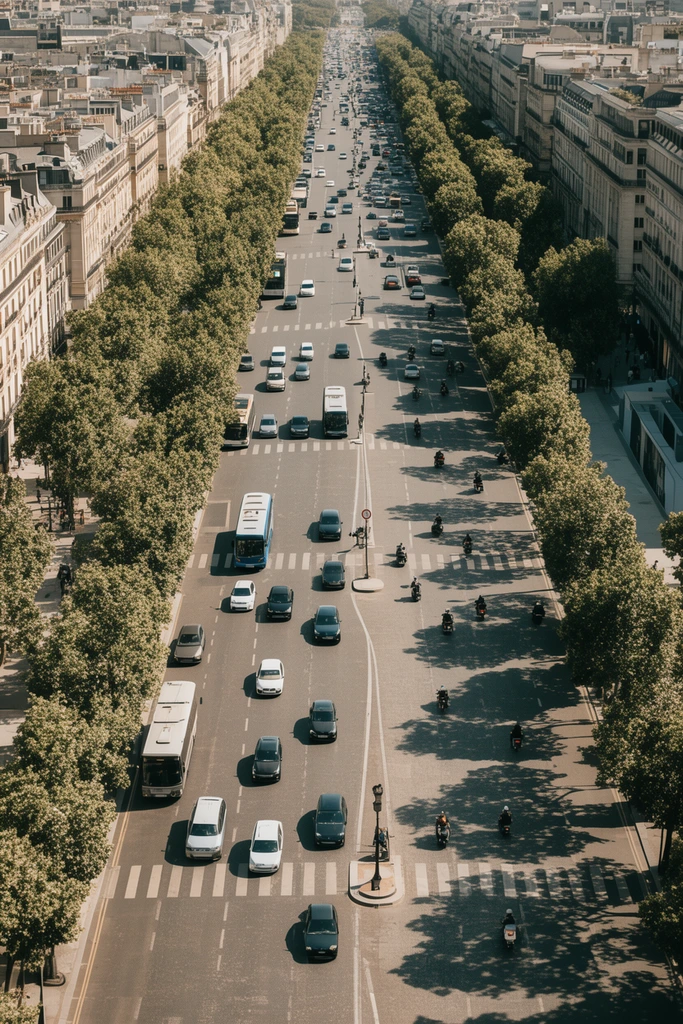 An elevated, high-angle view directly down a massive city avenue bordered by dense rows of green trees and classic stone architecture. Cars, buses, and motorcycles navigate the multi-lane asphalt, punctuated by crosswalks and long, dappled shadows cast by the bright afternoon sun. The strict central symmetry and deep vanishing point emphasize the sweeping urban scale, captured with warm natural lighting and a slightly desaturated, cinematic color palette highlighting the rhythmic flow of traffic.