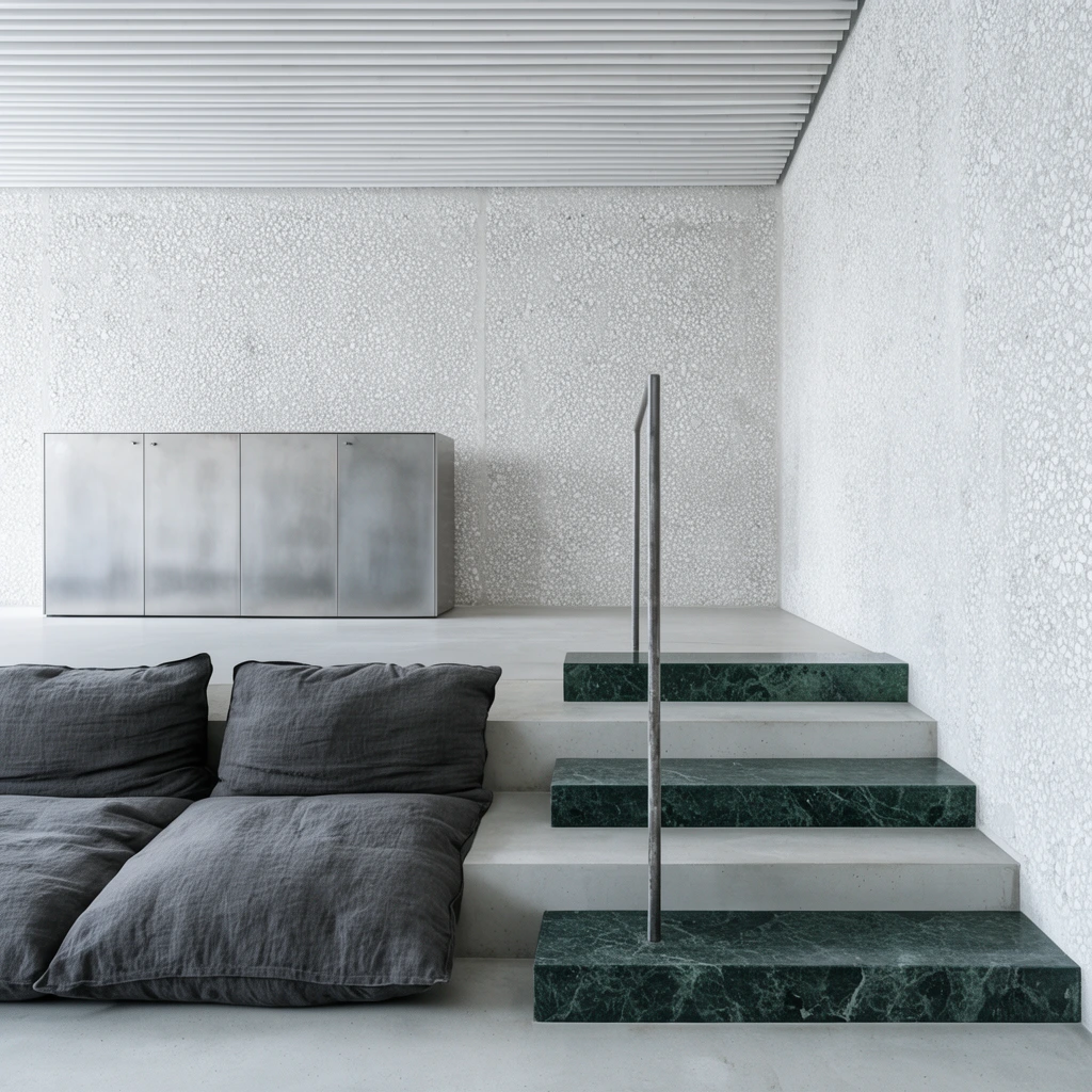minimalist concrete interior, stepped light grey platform, dark green rectangular marble steps, thin raw steel handrail, charcoal grey linen floor cushions, brushed metal cabinet, heavily textured white aggregate walls, slatted ceiling, bright diffused lighting, cool neutral palette, geometric architectural composition