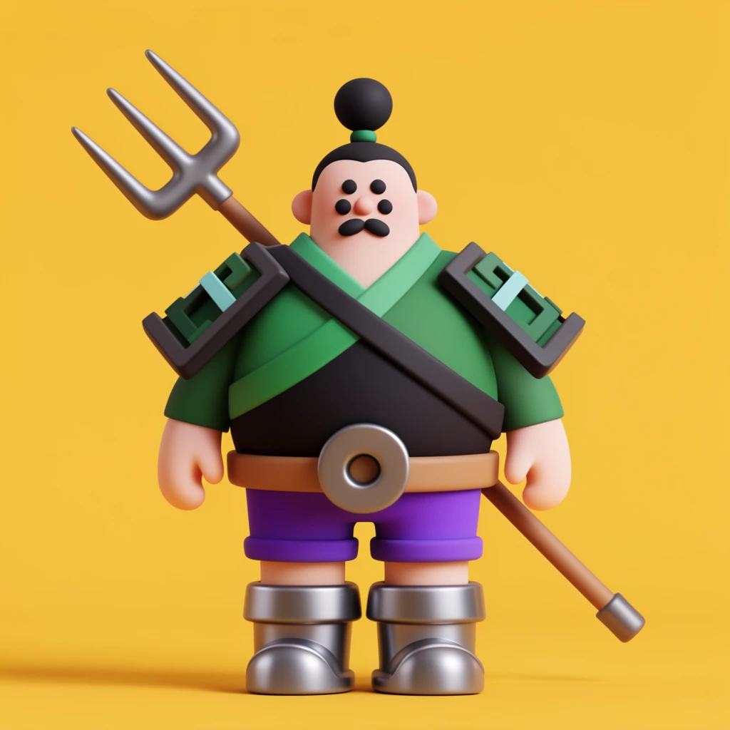 A stylized 3D-rendered rotund character stands against a solid yellow background. Featuring a topknot, mustache, and dotted eyes, the figure wears a green and black tunic, geometric shoulder armor, purple shorts, and heavy iron boots. A wooden pitchfork is strapped to its back. Smooth matte textures and soft lighting highlight the minimalist, toy-like aesthetic.