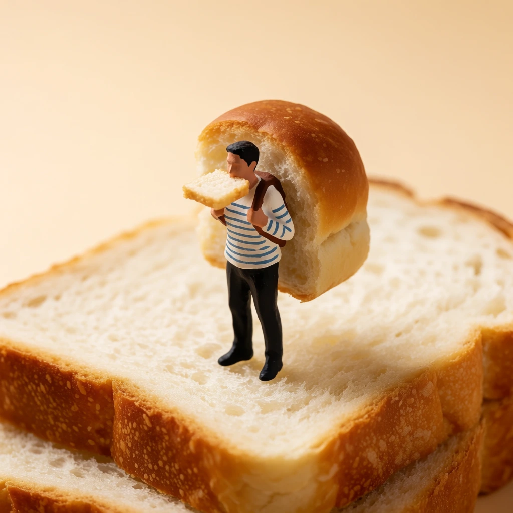Macro photograph of a miniature male figurine standing on a thick slice of white bread. The dark-haired figure wears a striped long-sleeve shirt, black pants, and a backpack fashioned from a golden-brown bread roll heel. He holds a tiny square of bread in his mouth. Set against a seamless warm beige backdrop, soft studio lighting emphasizes the porous crumb and crust textures of the surrounding bread elements.