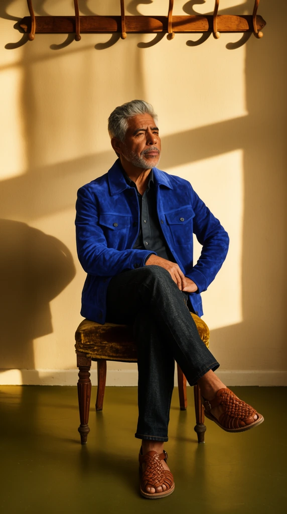 An older Hispanic man with salt-and-pepper hair and a short beard sits cross-legged on a vintage velvet stool. Wearing a cobalt blue suede jacket, dark denim, and woven leather sandals, he gazes off-camera with one hand resting on his hip. Warm golden hour lighting casts stark geometric shadows across the plain beige wall behind him, contrasting against a smooth olive floor. A wooden rack with curved pegs hangs high above. The high-contrast fashion portrait emphasizes rich textures, dramatic lighting cutouts, and cinematic warmth.