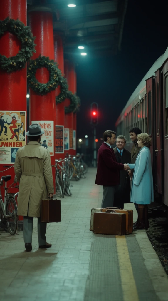 cinematic nighttime scene of a vintage train platform, man seen from behind in a tan trench coat and grey fedora carrying a briefcase on the left, vibrant red columns decorated with evergreen wreaths, graphic posters, parked bicycles, on the right three people stand near an open train door, man in a burgundy jacket shaking hands with a woman in a light blue coat alongside another man, vintage luggage resting on the tile floor, glowing red signal light in the dark background, cool cyan ambient lighting contrasting with bold red elements, anamorphic widescreen framing, 1970s retro aesthetic, moody atmosphere