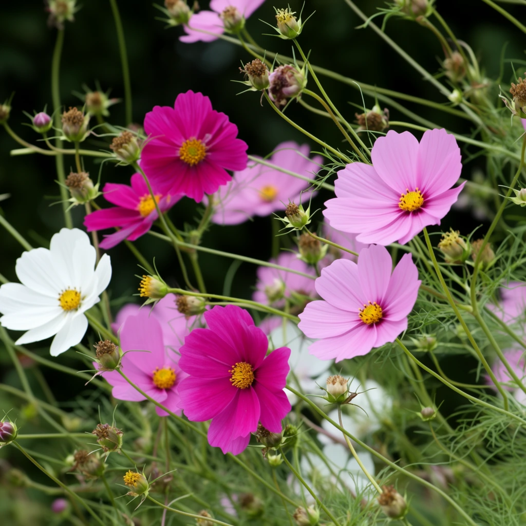cluster of vibrant cosmos flowers, bright magenta, soft pink and pure white blooms, striking yellow centers, delicate ribbed petals, thin wispy green stems crossing haphazardly, feathery green foliage, unopened spiky flower buds, small brown seed heads, shallow depth of field, soft natural daylight, deep dark green blurred background, strong color contrast, close-up botanical photography, sharp focus on foreground flowers