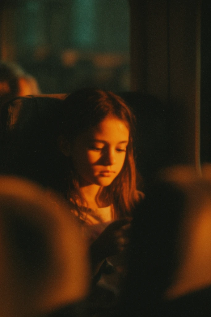 A young girl sits in a dimly lit train carriage at night, illuminated by an intense, directional warm amber light that carves deep, cinematic shadows across her face and upper body. She is positioned in the center mid-ground, her head angled slightly downward in quiet focus. Extreme foreground elements, consisting of heavily blurred, amorphous dark shapes of adjacent seats, frame her figure and emphasize a very shallow depth of field. The background melts into a soft, out-of-focus expanse of the shadowy train interior and deep, muted teal tones visible through the window glass. The visual aesthetic mimics vintage celluloid, defined by heavy, coarse film grain, a slightly soft optical focus, low-key atmospheric lighting, and a rich color palette contrasting luminous warm tones against enveloping, crushed black shadows.