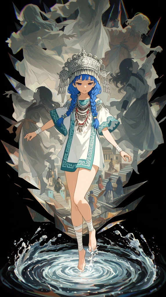 A barefoot anime-style priestess with braided blue hair steps onto a swirling water vortex within a stark black void. She wears an elaborate silver headdress with dangling ornaments, tribal necklaces, and a white tunic with teal geometric borders. White bandages wrap her ankles as she delicately dips one toe into the rippling liquid. Sharp, dimensional shards fracture the dark background, revealing miniature architectural stairs and tiny travelers below. Surrounding the priestess is a chaotic montage of translucent, desaturated phantoms in flowing robes, frozen in dancing and falling motions. The surreal composition pairs crisp anime aesthetics with conceptual, dreamlike layers. Subtle chromatic aberration outlines the ghostly silhouettes, creating a striking contrast against the vividly rendered central figure and the glowing splashes of the vortex.