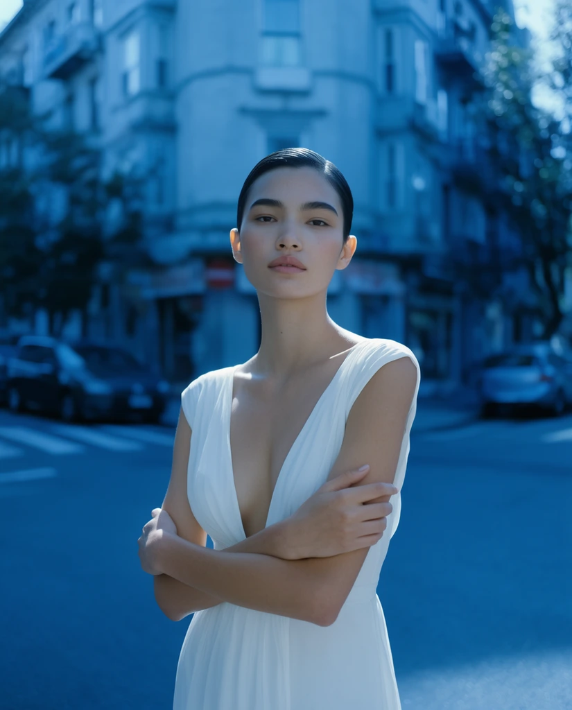 A young woman in a plunging white dress stands with arms crossed over her chest in a heavily blue-tinted urban setting. She features slicked-back dark hair and a direct, serene gaze. Behind her, extreme shallow depth of field blurs a street corner with residential buildings and parked cars. Captured in a cinematic widescreen format, a striking monochromatic cool blue color grade dominates the environment, contrasting sharply with the bright white fabric and soft daylight illuminating her face.