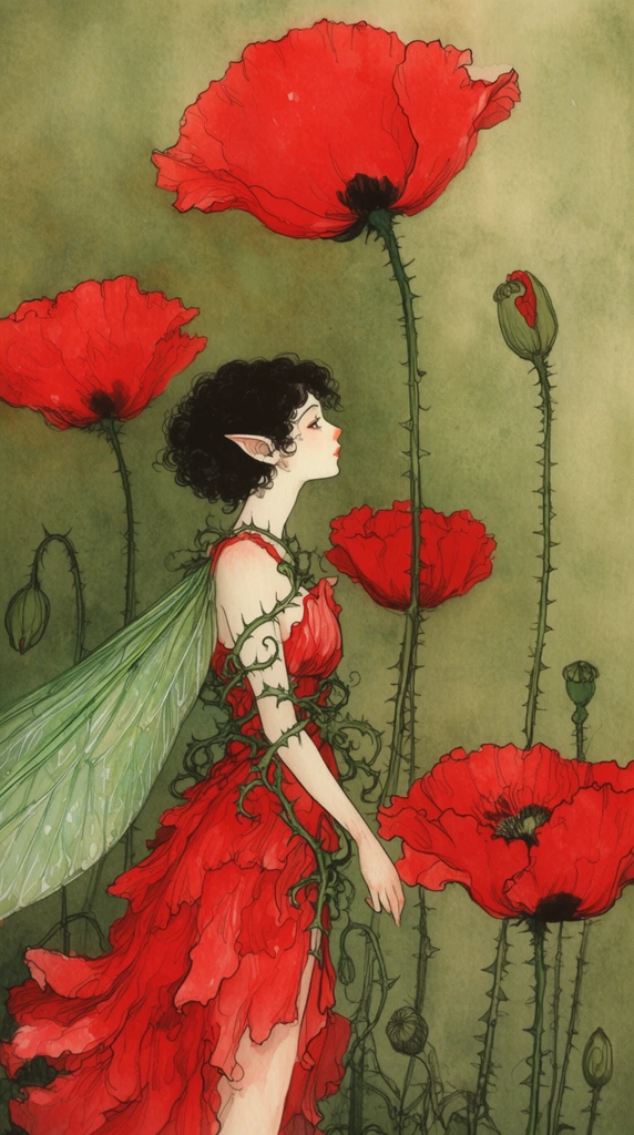 delicate fairy among giant red poppies, pale skin in profile, dark curly hair, pointed ears, translucent green insect wings, flowing red petal dress, green thorny vines wrapped around torso, towering thin thorny stems, vibrant red poppy blooms, closed green buds, muted earthy green watercolor background, delicate ink outlines, vintage storybook illustration, whimsical fantasy art