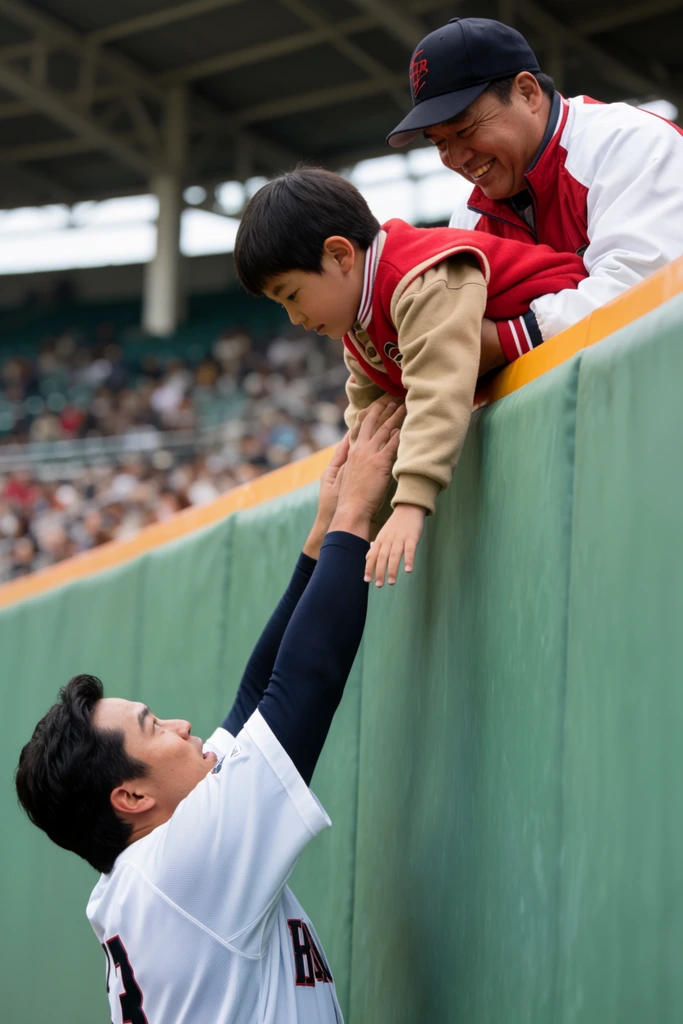 low angle shot, baseball player in white uniform and dark undersleeves reaching up to a young boy in a red and tan vest over a tall green padded stadium wall, smiling man in a cap and white and red jacket holding the leaning child over the barrier, blurred stadium seats in background, natural lighting, cinematic sports photography, shallow depth of field