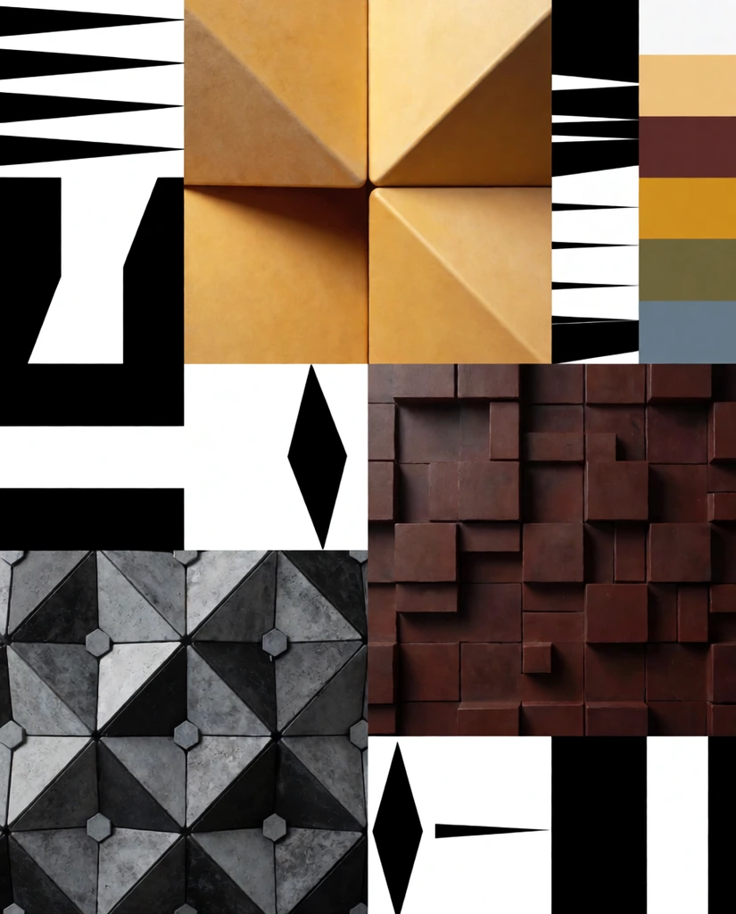A structured grid composition showcasing tactile architectural materials, abstract geometric patterns, and a warm color palette. Folded golden-yellow structural panels form sharp V-shaped angles with soft shadows in the top center. The bottom left displays a three-dimensional tessellation of textured grey and black triangular tiles with hexagonal center nodes. The middle right features a dark reddish-brown surface densely covered in protruding rectangular blocks of varying depths. A vertical color swatch strip spans the top right, displaying shades of white, beige, maroon, mustard, olive, and steel blue. Contrasting these textured three-dimensional surfaces are flat, minimalist black and white geometric graphics distributed across the remaining panels, including parallel horizontal bars with tapered ends, asymmetric vertical polygons, and solid monochromatic blocks, forming a sleek, modernist architectural presentation.