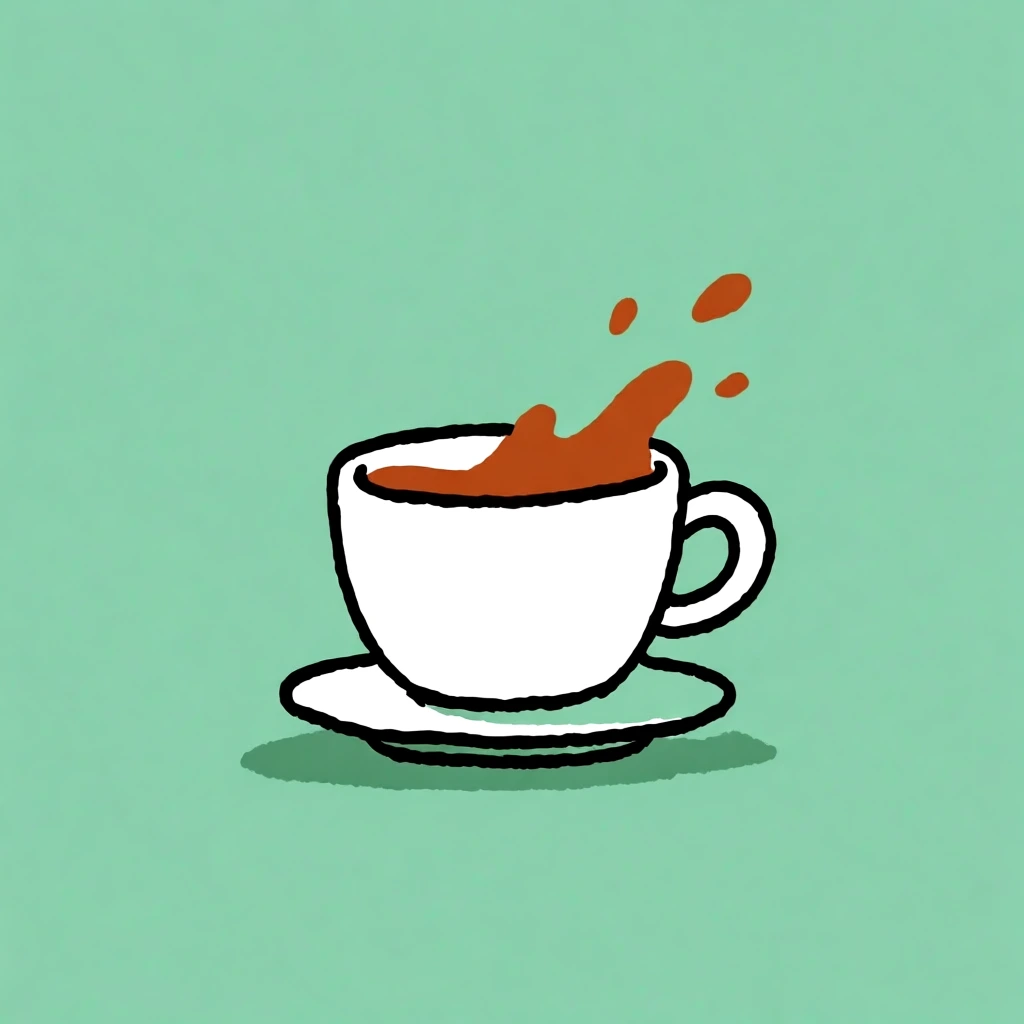 minimalist 2d vector illustration of a white ceramic cup on a matching saucer with a dynamic splash of brown liquid spilling over the rim and floating droplets, thick bold black outlines with consistent high-contrast weight, solid flat color fills, set against a solid matte seafoam green background, a simple dark green elliptical drop shadow on the flat ground plane, hand-drawn digital aesthetic with clean organic silhouettes, playful graphic style without gradients or textures.