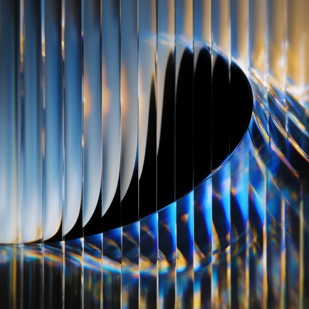 Vertical glass panels slicing a sweeping black curved shape, intense chromatic aberration, prismatic blue and gold light leaks, refractive optical illusion