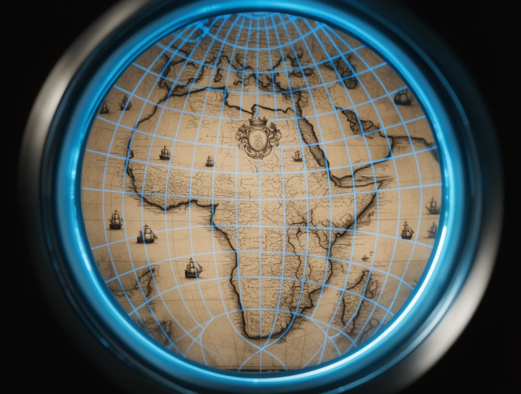 A circular viewport displays an antique sepia map of Africa overlaid with a curved, bright blue geometric grid. The parchment-toned map features hand-drawn coastlines, tiny vintage sailing ships, and a decorative crest. A glowing cyan halo borders the sharp circular frame against a dark background, mimicking an optical lens focusing on the aged cartography.