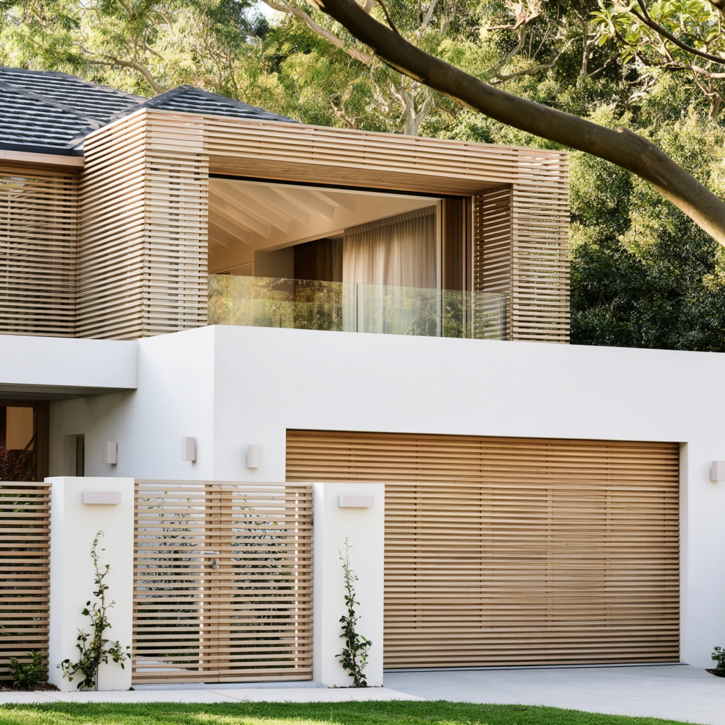 A modern two-story residence combining pristine white stucco walls with extensive horizontal light-wood slatted screening. The ground level features a wide slatted wooden garage door and a matching pedestrian gate separated by a thick white pillar adorned with a small climbing plant. Minimalist rectangular sconces dot the exterior. The upper level is clad in matching wood slats, incorporating a recessed balcony with a seamless glass railing. Open sliding doors reveal a warmly lit interior with a sloped white ceiling and sheer curtains. A dark gray shingled roof caps the left side. A thick tree branch arcs diagonally across the upper right foreground, organically framing the sharp architectural lines. Dense, leafy green trees form a lush backdrop behind the house, and a thin strip of vivid green grass edges the bottom frame. Bright natural daylight highlights the clean geometry and contrasting natural textures.
