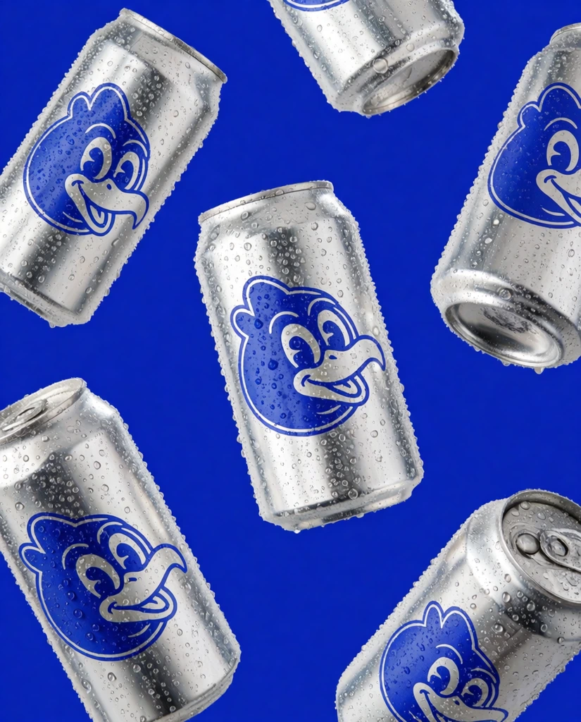 floating silver aluminum beverage cans, solid ultramarine blue background, metallic surfaces covered in condensation droplets, printed with a monochromatic blue retro cartoon bird head graphic, high-contrast commercial product photography, scattered dynamic composition, pop art aesthetic, bright studio lighting, crisp specular highlights
